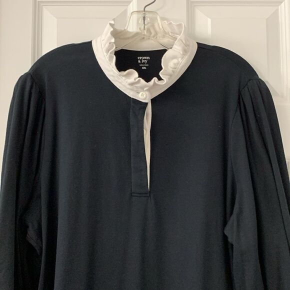 Crown & Ivy Size XXL black dress w/white ruffle collar and puffy cuffed sleeves - Picture 3 of 9